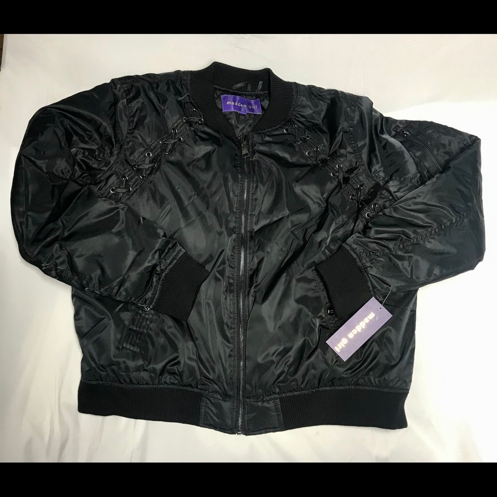 Madden Girl Juniors’ plus size (XXL) Lace-Up bomber jacket in Black